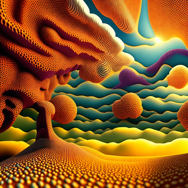 Colorful surreal landscape with orange shapes and bright sun in wavy sky