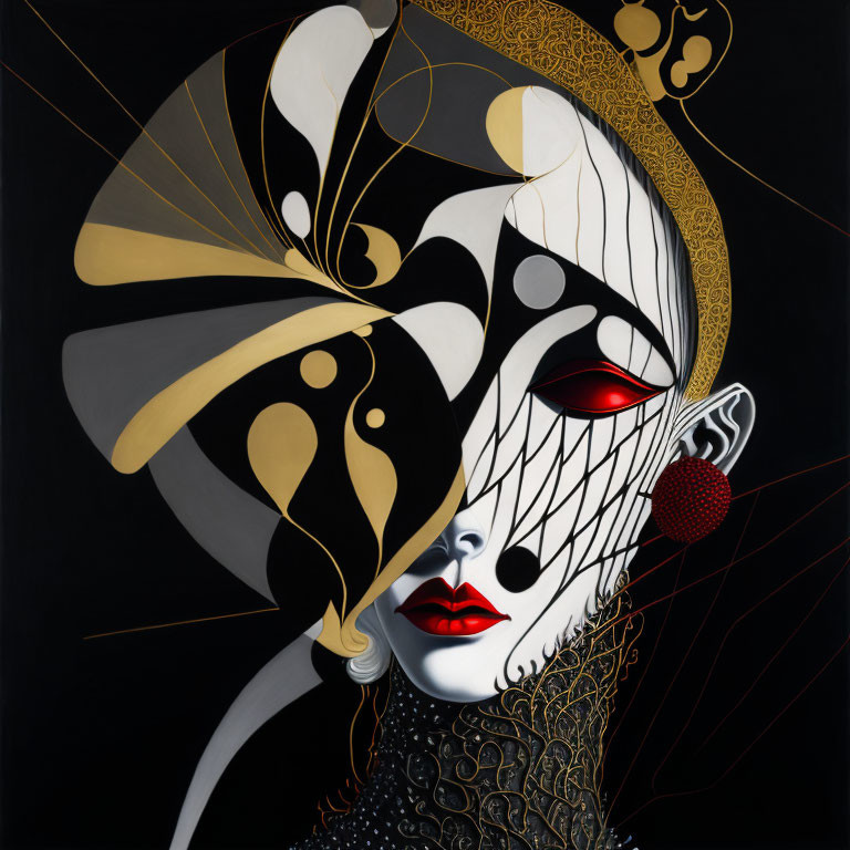 Abstract portrait with black and white patterns, gold accents, and red eye