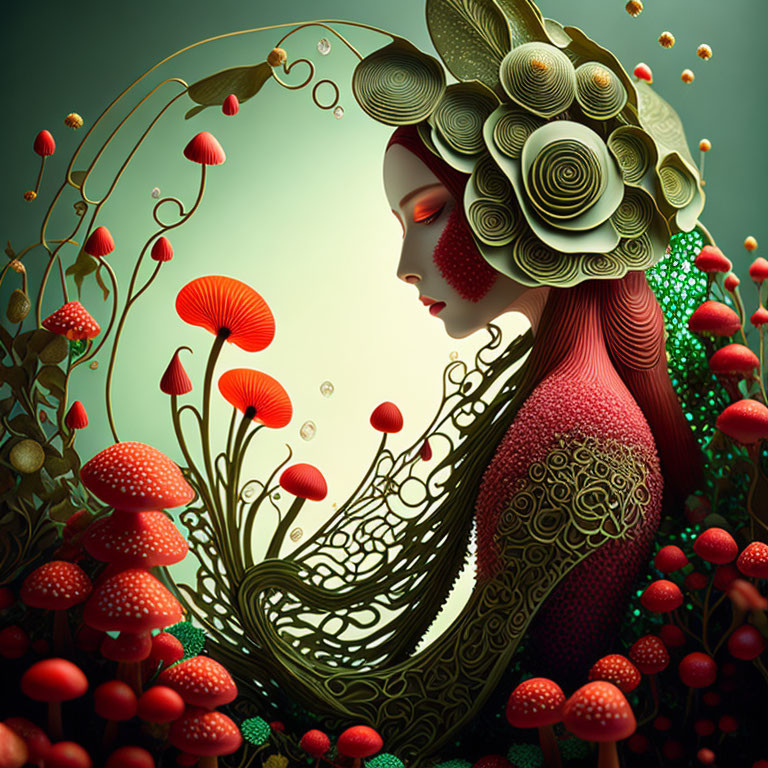 Stylized female figure with floral hair in mystical setting