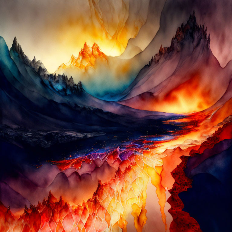 Vivid watercolor painting of fiery reds and cool blues in a mountainous landscape