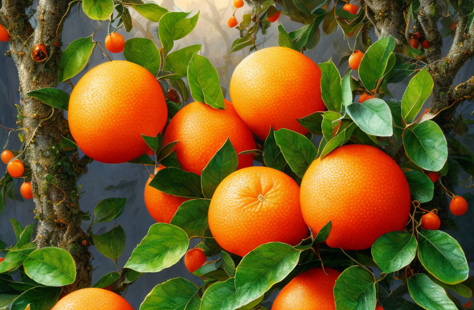 Fresh Oranges on Tree with Green Leaves and Fruit in Background