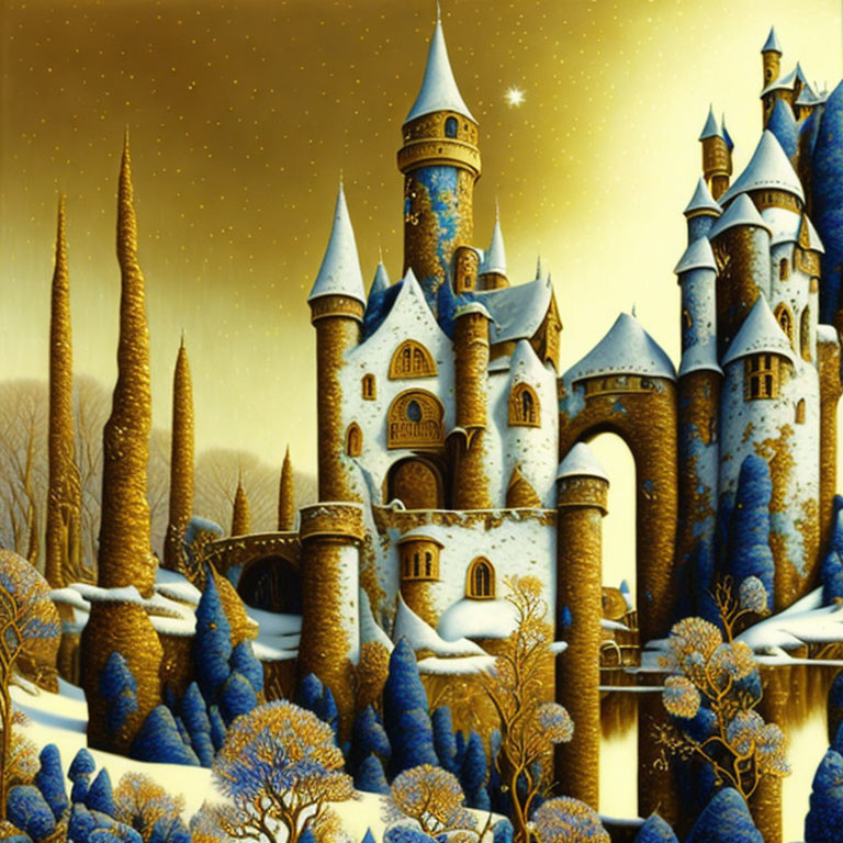 Fantastical castle with spires in golden snowy landscape