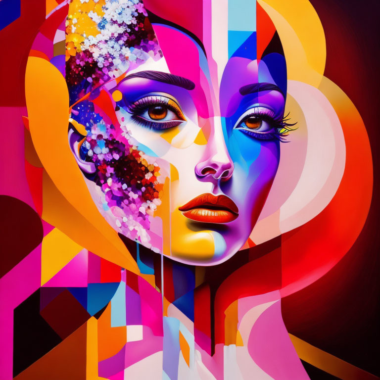 Abstract portrait featuring split design with realistic female face and colorful geometric pattern.