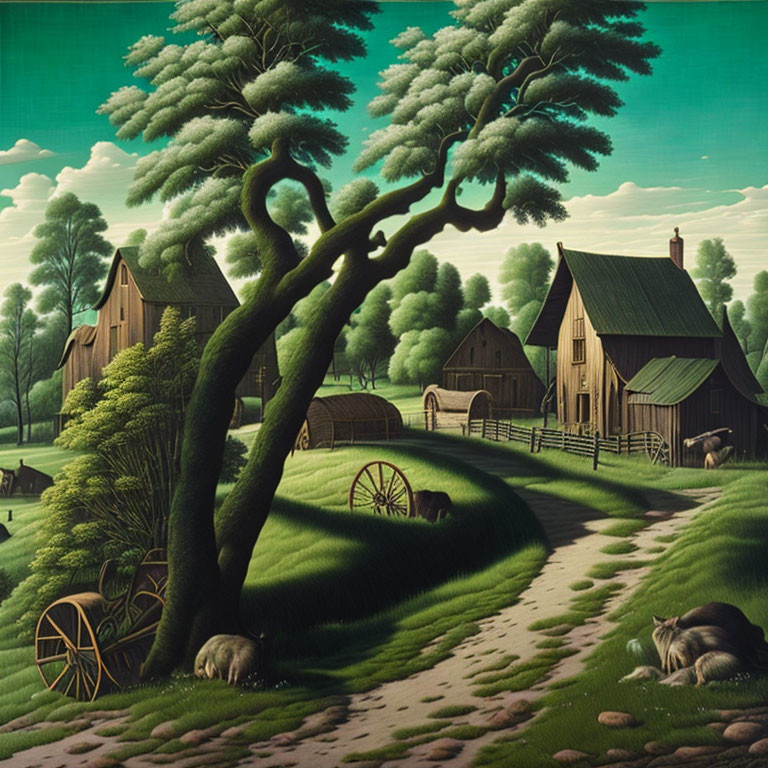 Rural landscape with bent tree, farmhouse, sheep, and wagon wheel