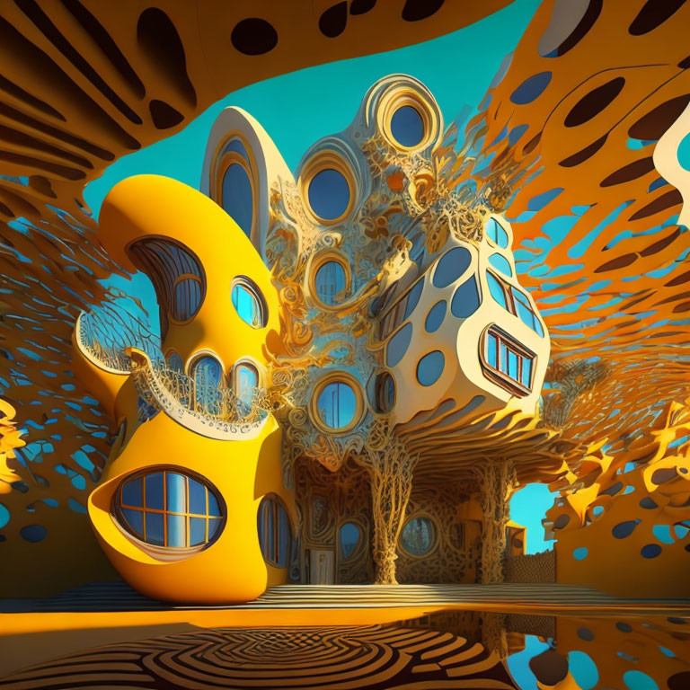 Fluid Organic Architecture in Vibrant Yellow and Blue Sky