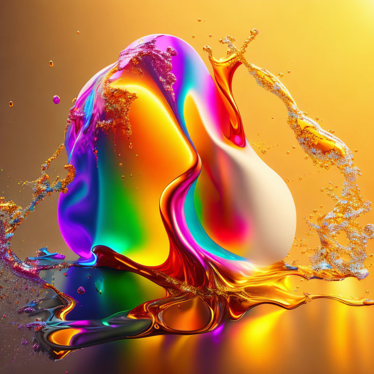 Colorful liquid splash on warm golden background: abstract art with swirling hues