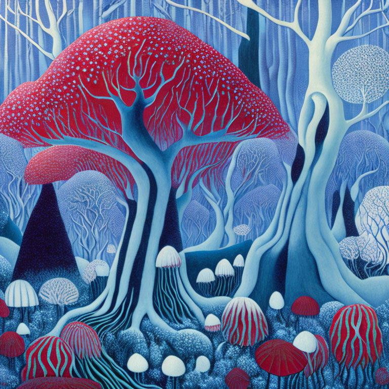 Mystical forest painting with towering mushrooms and trees in blue and red