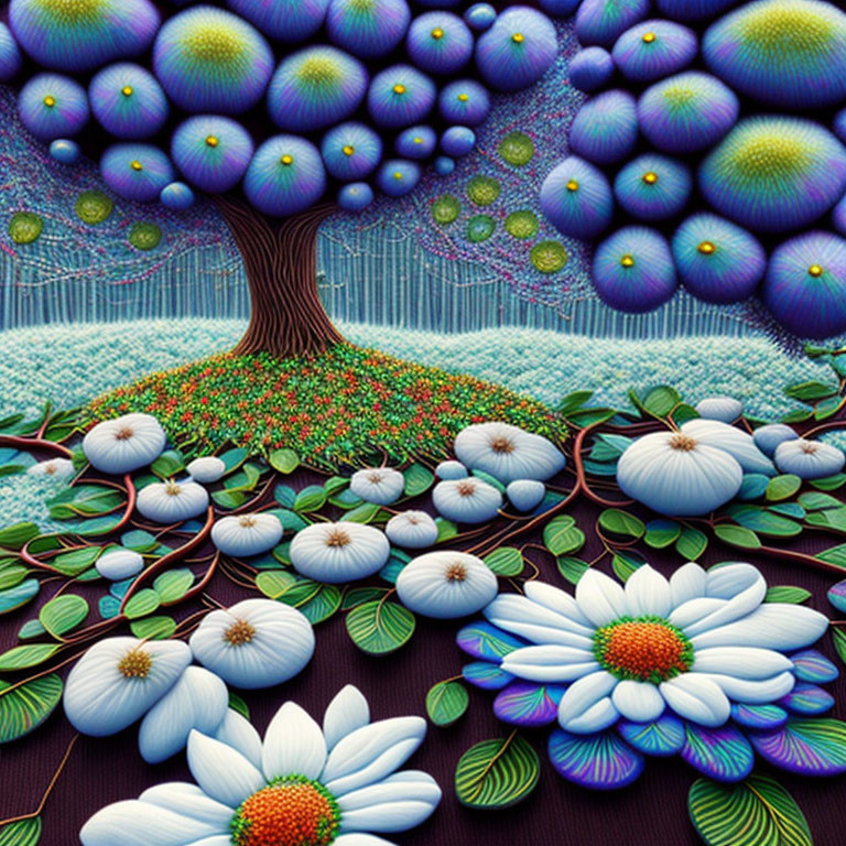 Colorful Fantastical Landscape with Tree and Flowers