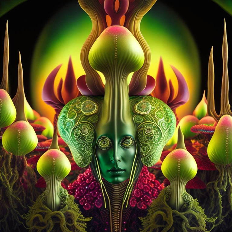 Symmetrical digital artwork with green face, flame-like shapes, and floral patterns