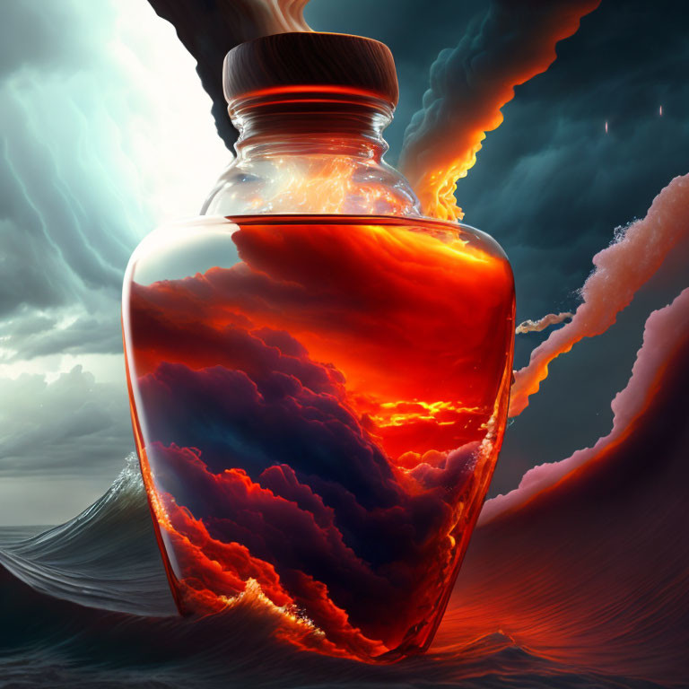 Surreal image of bottle with vibrant stormy sky