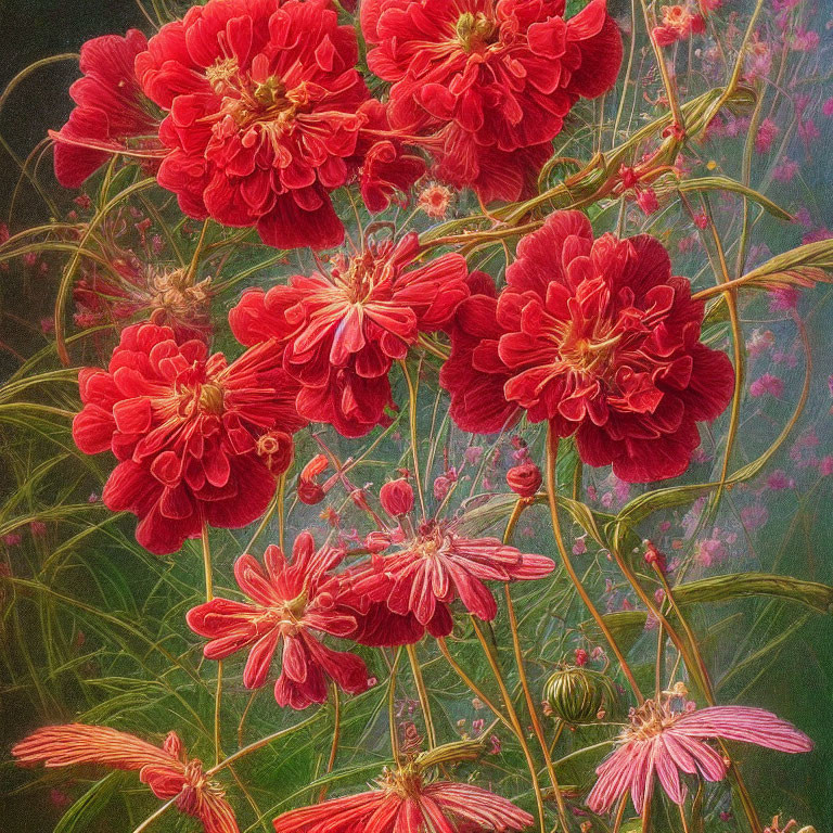 Detailed illustration of vibrant red flowers and green foliage on a moody backdrop