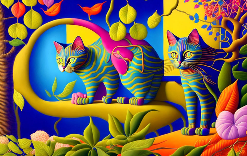 Colorful psychedelic artwork of two striped blue and yellow cats in a vibrant abstract jungle.