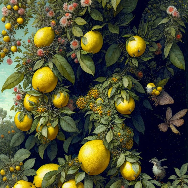 Vibrant Citrus Tree with Ripe Lemons and Wildlife