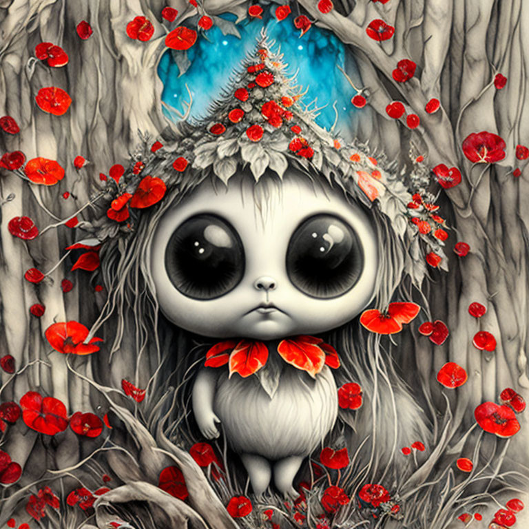 Wide-eyed creature with poppy crown and mystical blue glow in bark-like setting