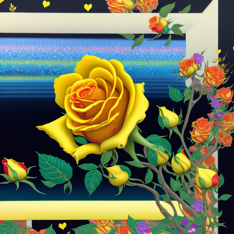 Colorful digital artwork: Large yellow rose, smaller roses, and leaves on abstract background with geometric frame