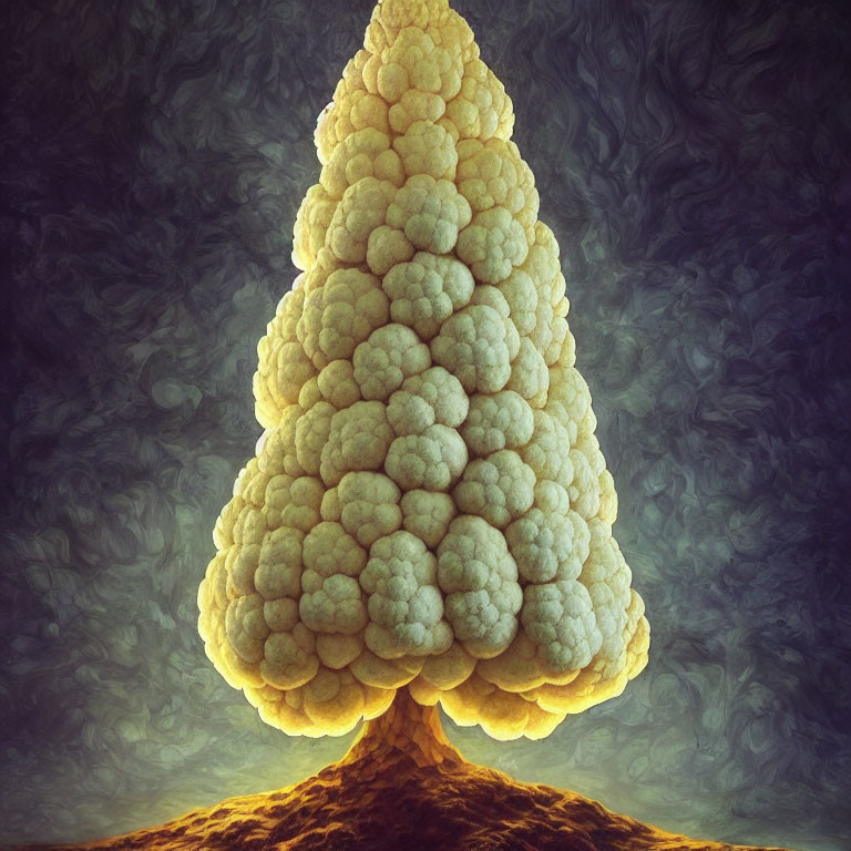 Nuclear explosion illustration with cauliflower texture on dark, swirling background