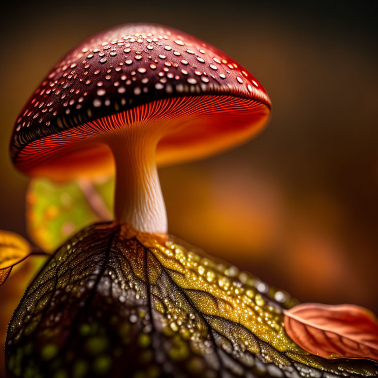 Detailed red mushroom cap with dew, vibrant leaf, blurred autumn background