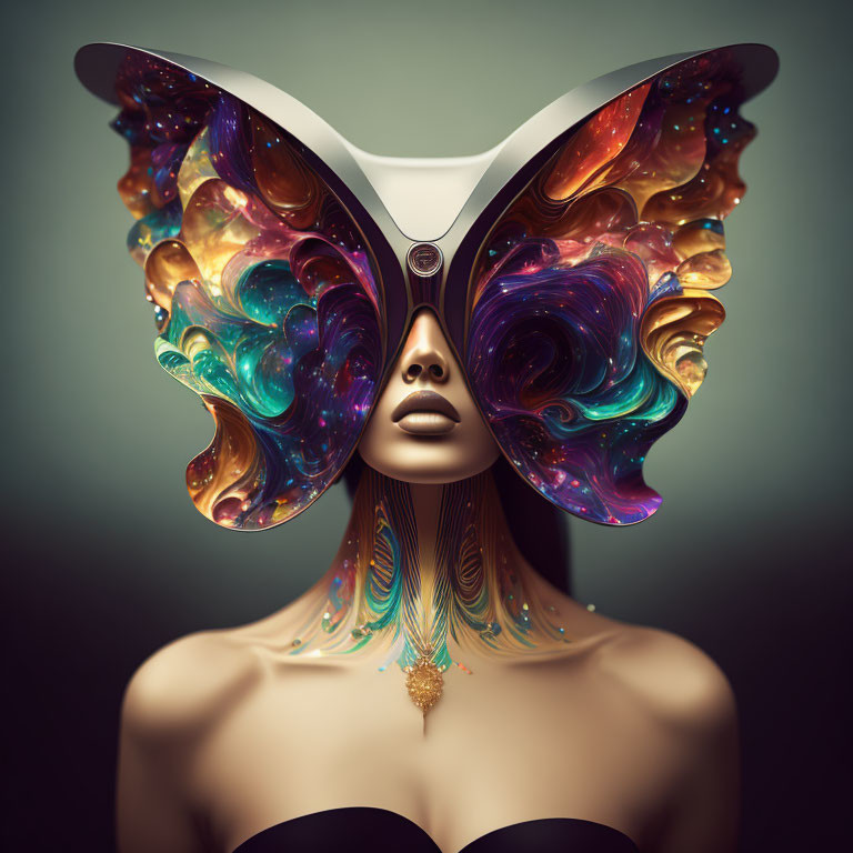 Colorful surreal image: Woman with butterfly mask on green background