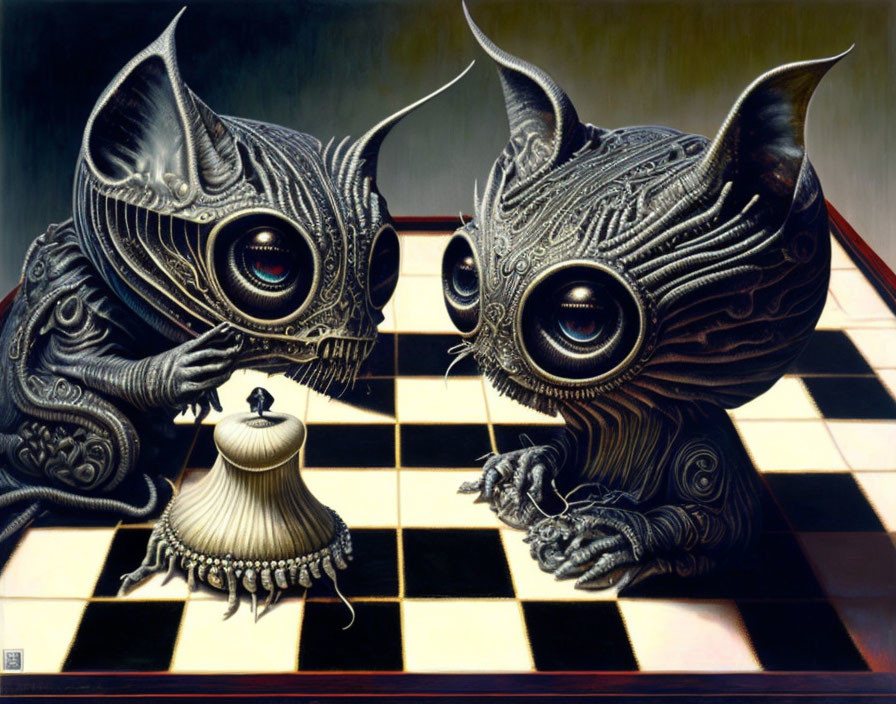 Fantastical creatures playing chess on checkerboard