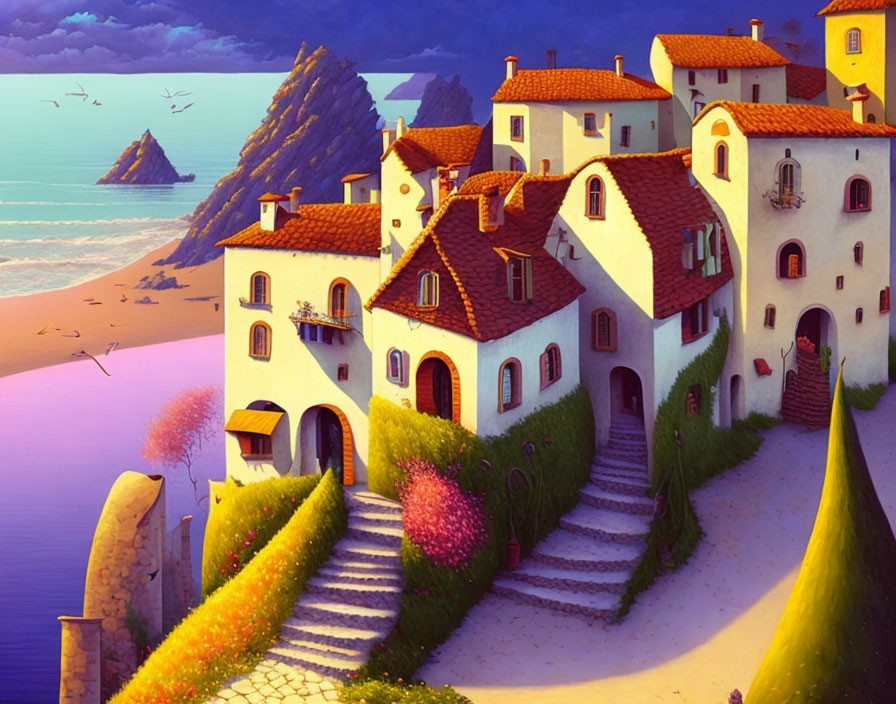 Colorful Coastal Mediterranean Village Illustration at Sunset