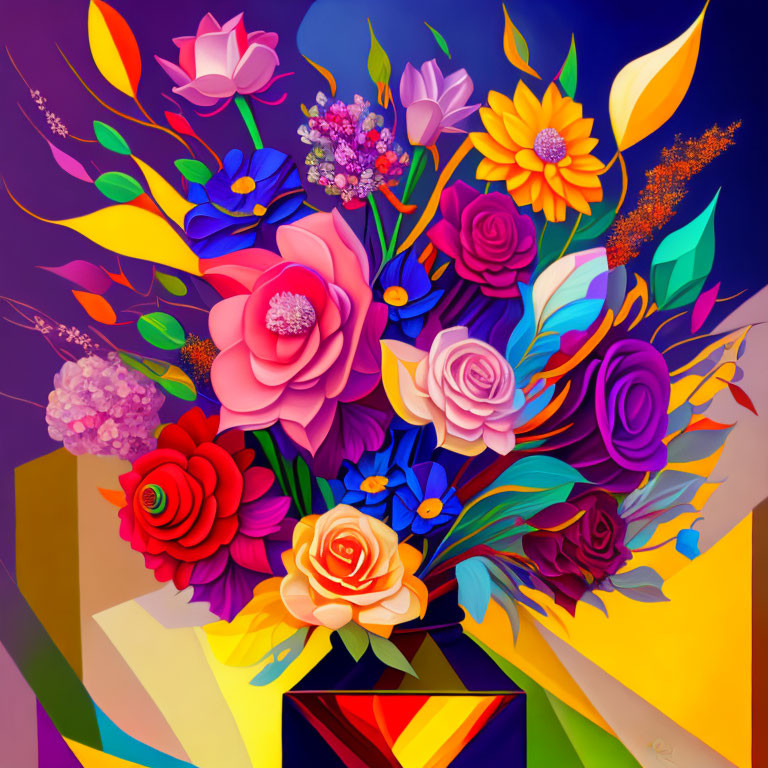 Colorful Bouquet Painting with Roses in Geometric Vase on Purple Background