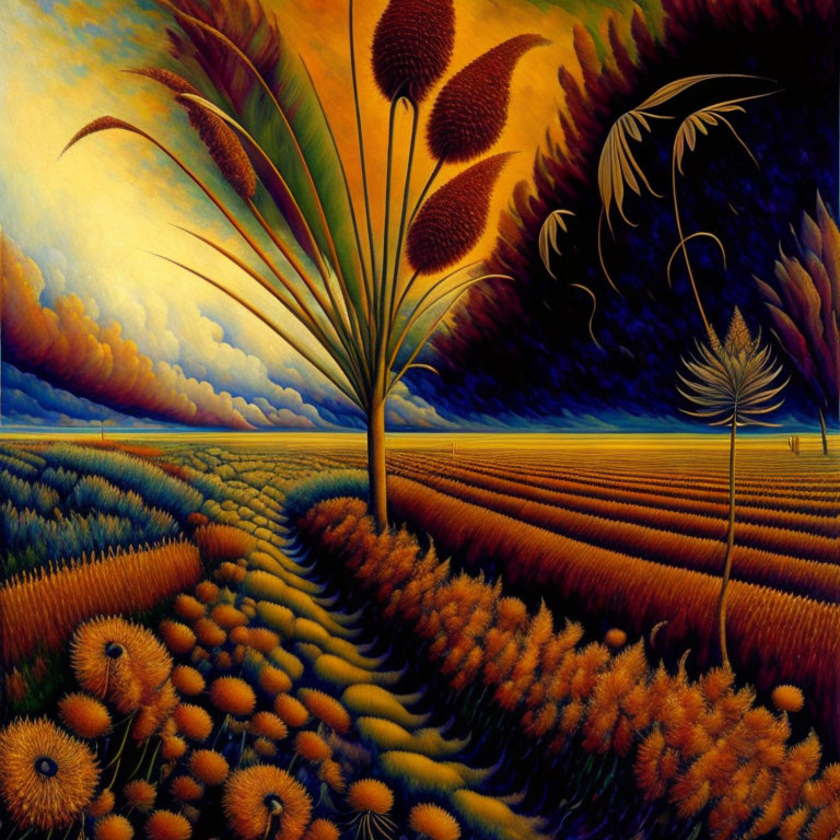 Colorful Landscape Painting with Yellow Fields and Dramatic Blue Clouds