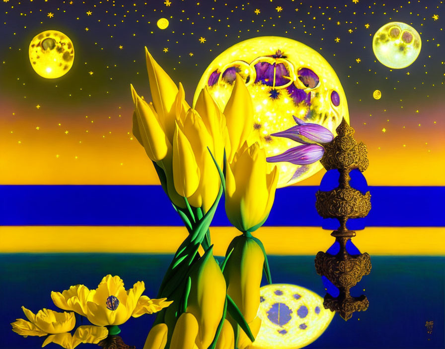 Colorful digital artwork: Yellow tulips, surreal striped background with moons, stars, golden ornaments.