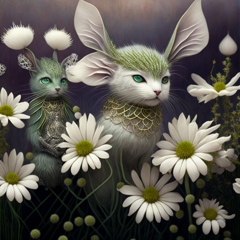 Whimsical illustration of two green feline creatures among white daisies