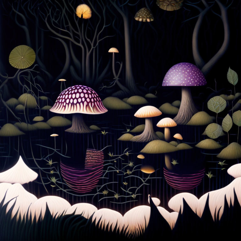 Mystical forest scene with stylized mushrooms and plants in dreamlike colors