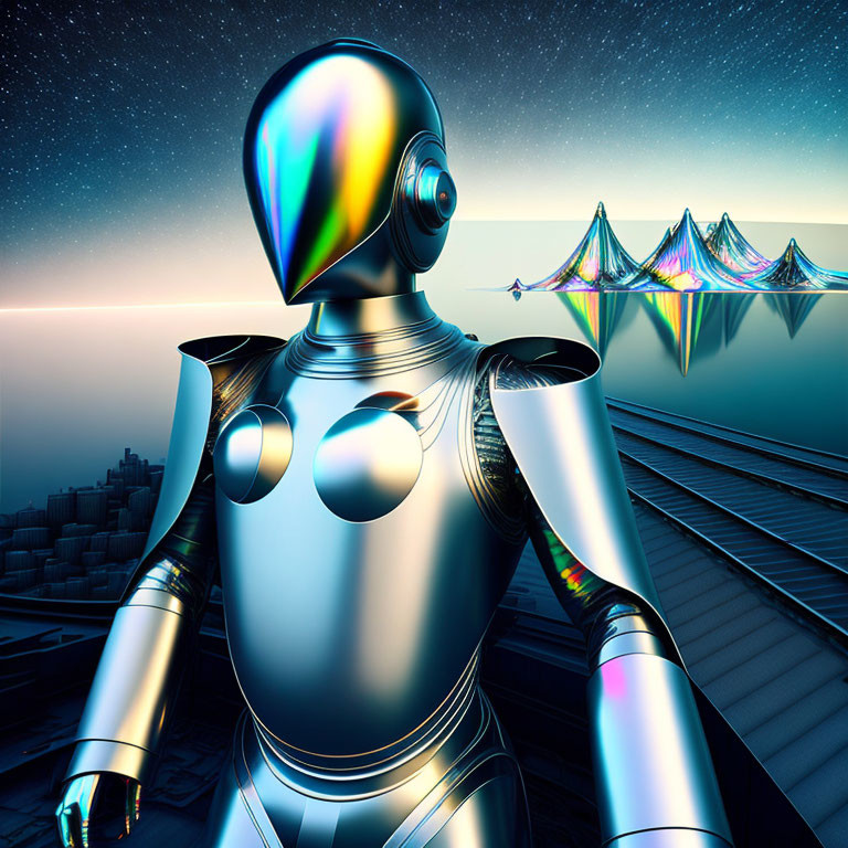 Reflective iridescent robot on high structure overlooking illuminated cityscape