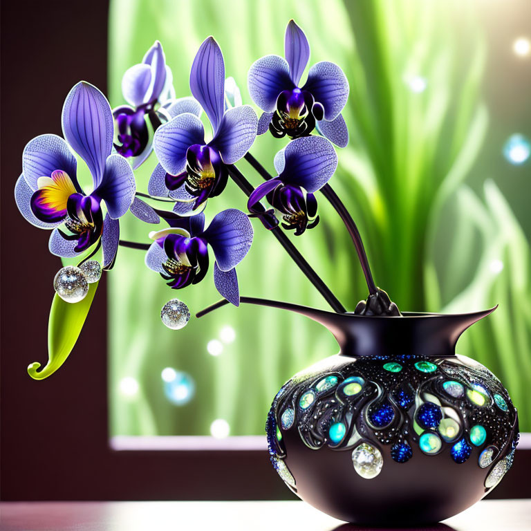 Colorful digital artwork: Purple and blue orchids in black vase with peacock feather pattern