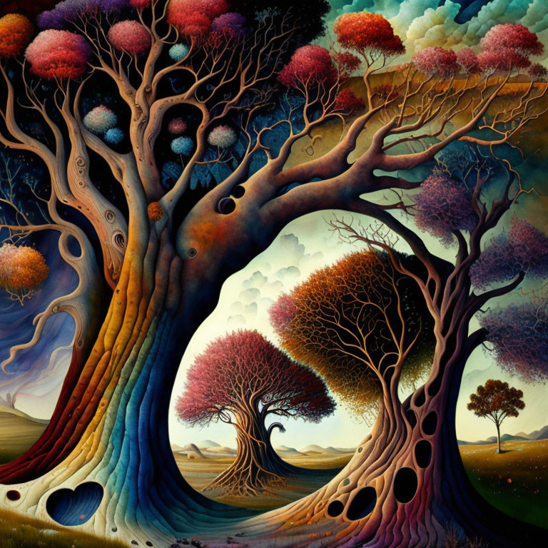 Colorful whimsical painting of heart-shaped trees against celestial backdrop