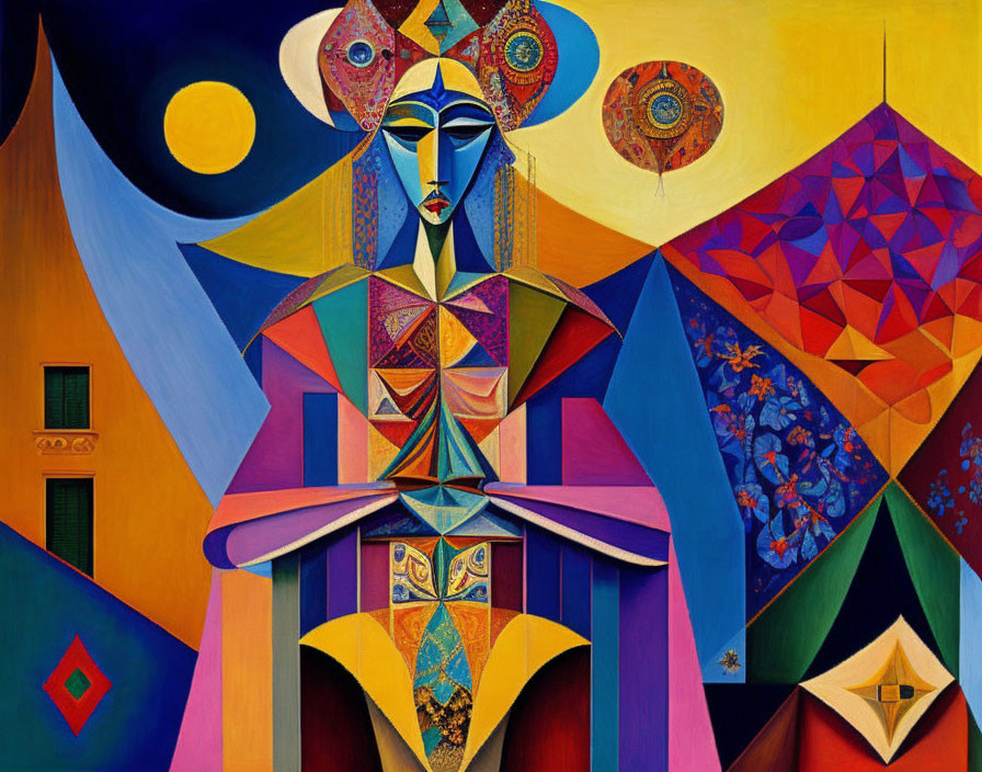 Vibrant Cubist Painting with Geometric Patterns and Stylized Figure