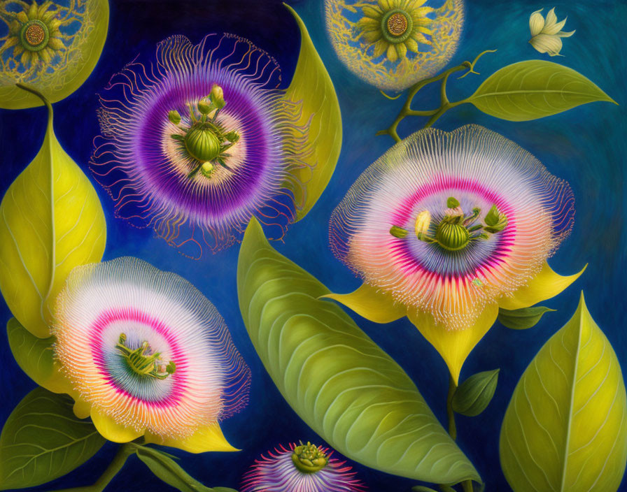 Colorful Passion Flower Painting with Jellyfish-Like Figures