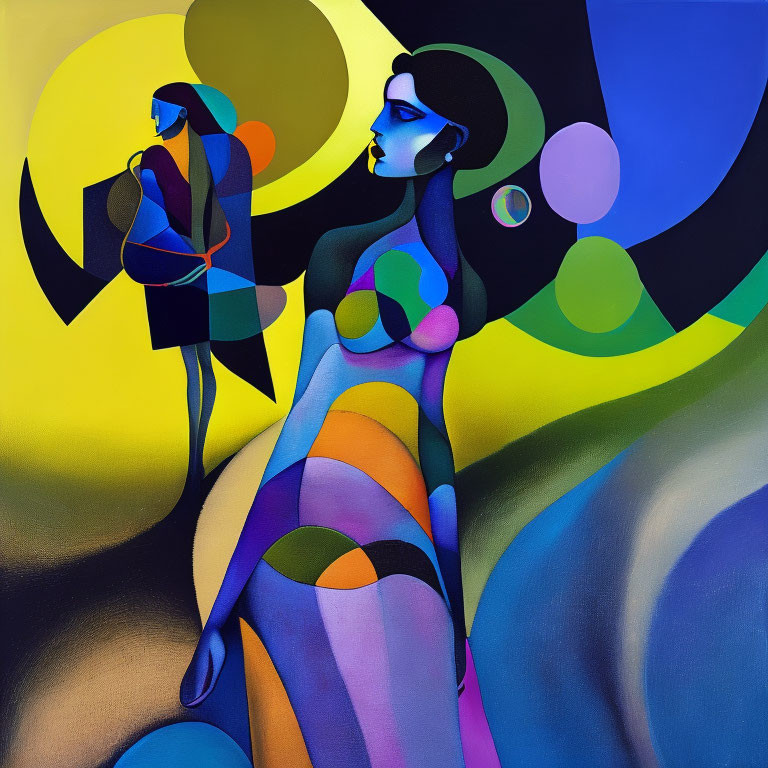 Vibrant abstract art: stylized female figures in multicolored bodies on geometric background