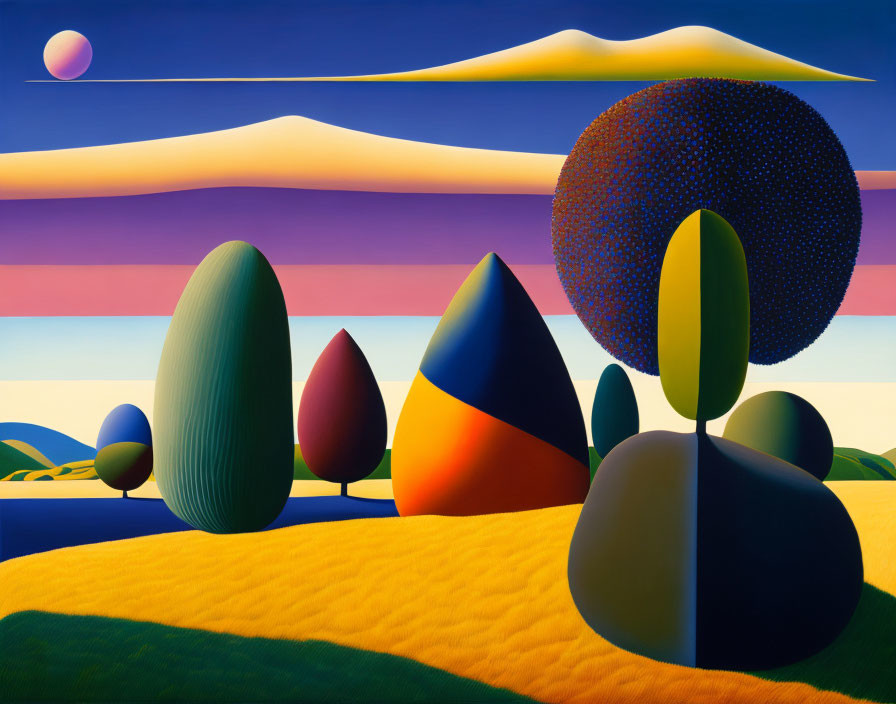 Vibrant geometric landscape with striped sky and sun or moon