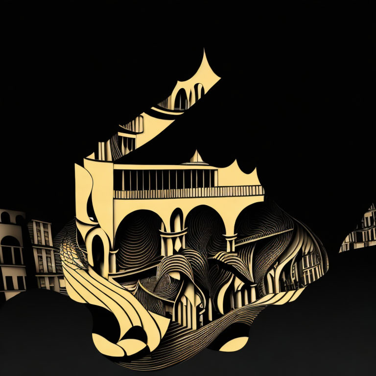 Surreal golden illustration of melting classical buildings