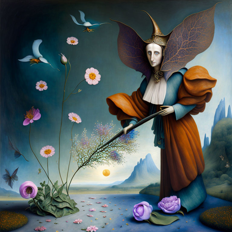 Surreal painting of fairy with wings and crown in nature landscape