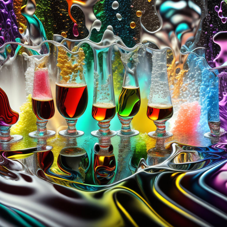 Vivid liquid splashes in glasses on reflective surface