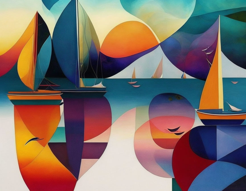 Vibrant sailboat painting with abstract waves and hills.