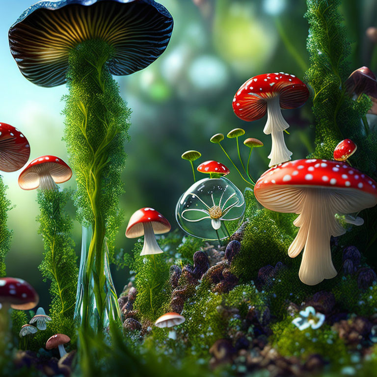 Colorful Mushroom and Moss Forest Floor Scene