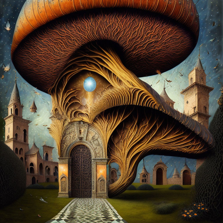 Surreal artwork featuring oversized mushroom-like structures, ornate gate, starry sky, towers,