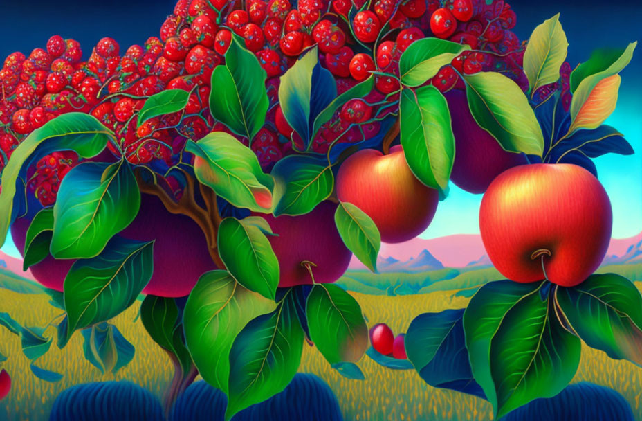 Colorful illustration of ripe apples and berries in a scenic landscape