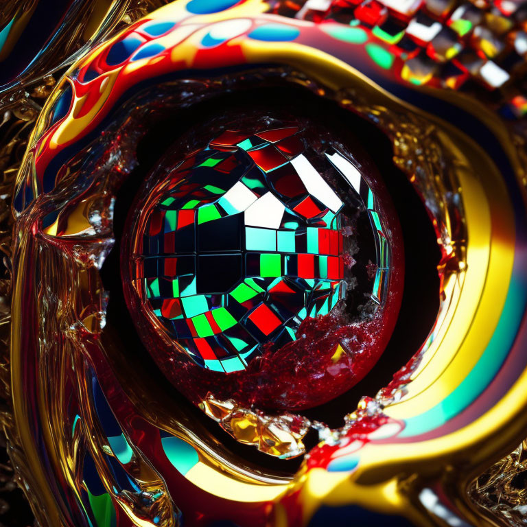 Multicolored abstract sphere with metallic shapes on dark backdrop