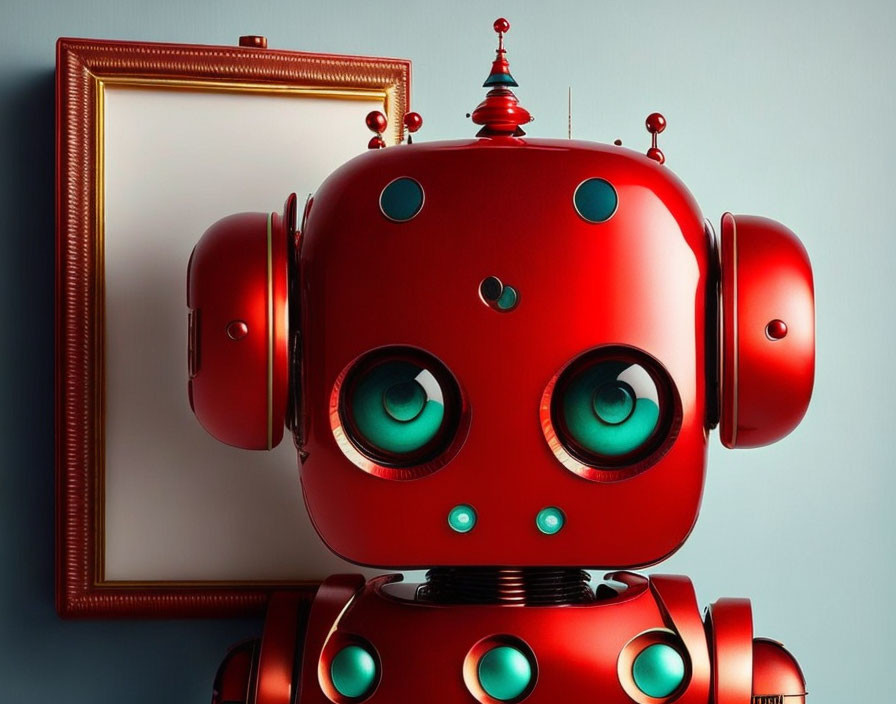 Red whimsical robot with green eyes and circular patterns next to empty frame on light blue background