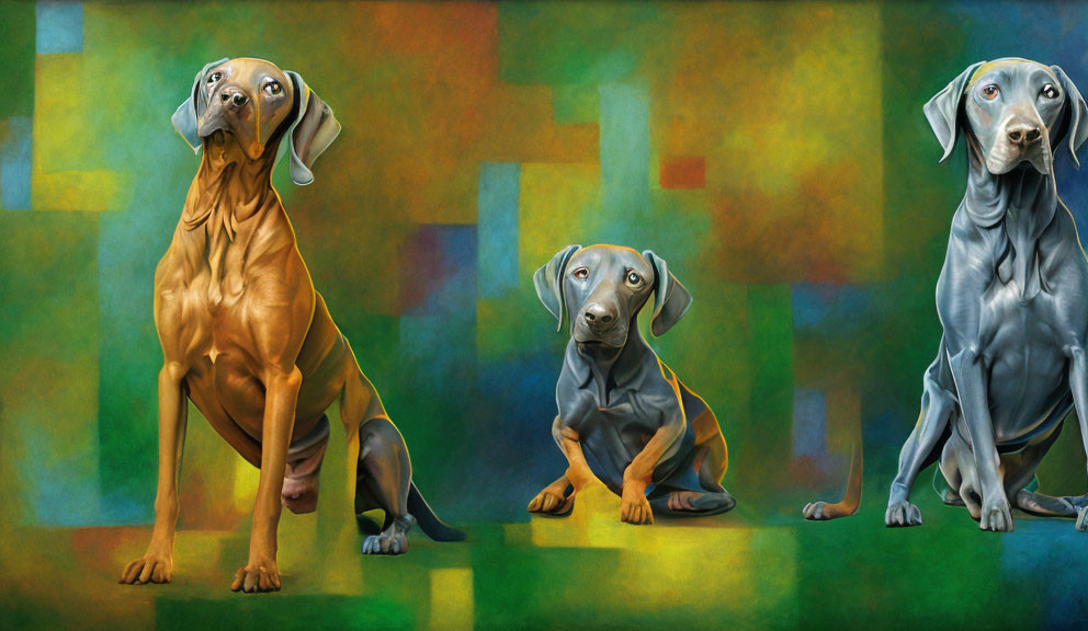 Three Weimaraner Dogs in Artistic Style on Colorful Geometric Background