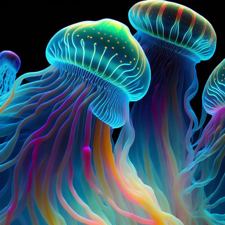 Neon-colored jellyfish glowing in dark underwater scene