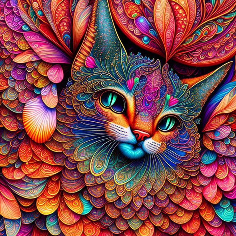 Colorful Abstract Cat Artwork with Expressive Green Eyes