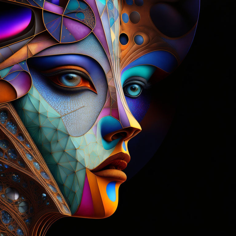 Symmetrical digital artwork of merged faces with geometric patterns