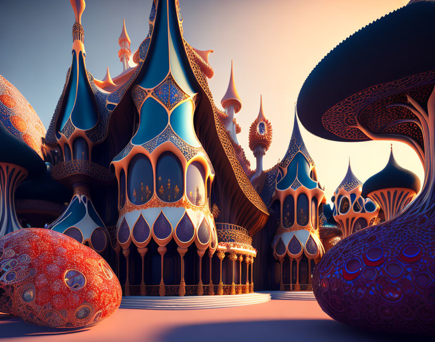 Surreal digital artwork of whimsical architecture at sunset